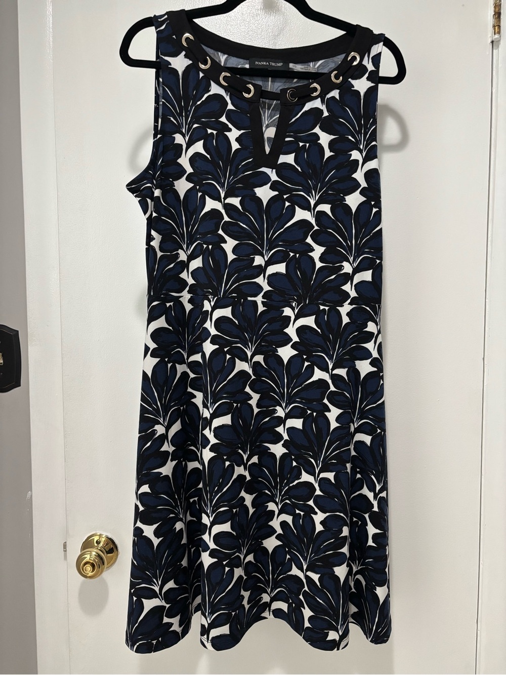Ivanka Trump Navy, Black and White Floral Midi Dress with Grommet Neckline Large